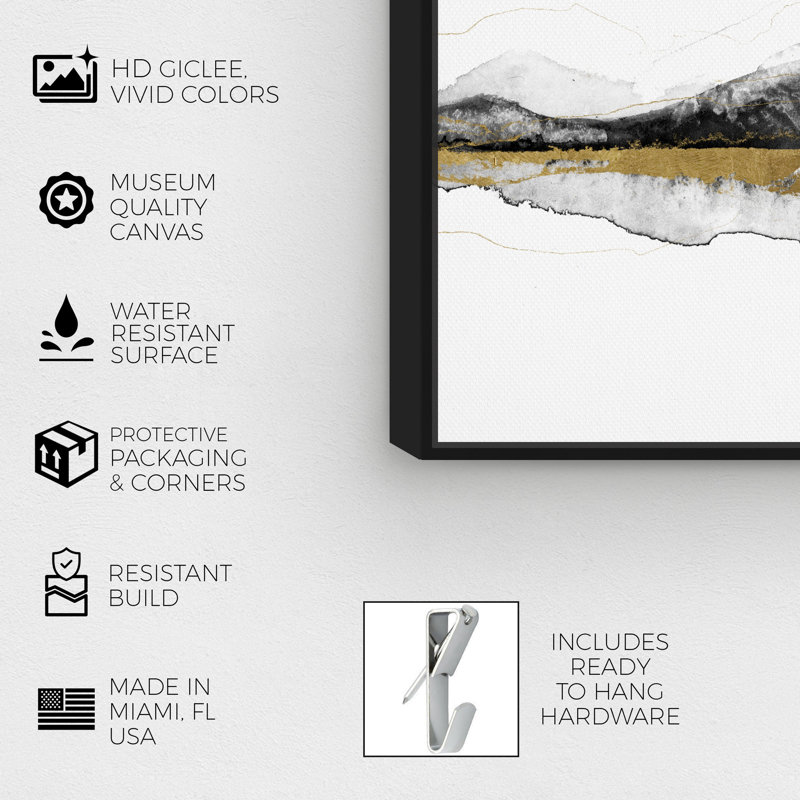 " Abstract Behind These Mountains, Modern & Contemporary White ", 10" H x 15" W x 1.5" D, Black Framed