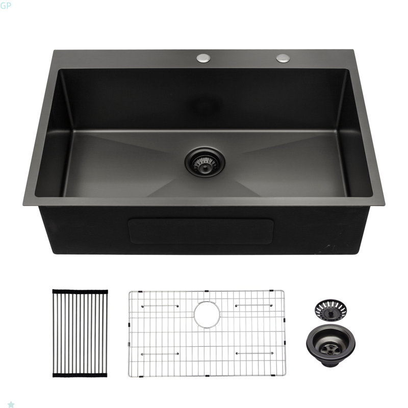 Évier de cuisine 33 po x 22 po à cuve simple encastrable en acier inoxydable de calibre 16 noir 33 po