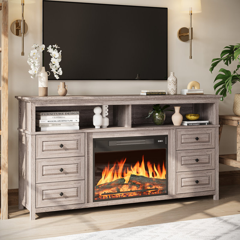 60'' TV Stand for TVs up to 65" with Electric Fireplace Included, 2 Tier and 6 Drawers, TV Console Cabinet, Brown