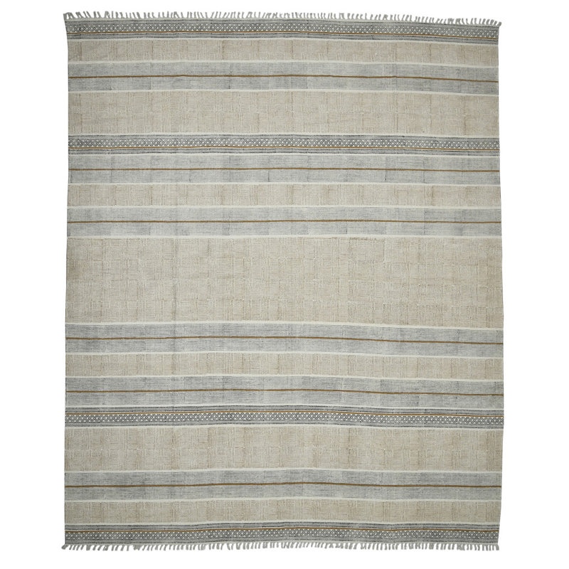 Tapis brun vieilli 7 pi x 10 pi à motif géométrique tissé à plat à la main avec franges