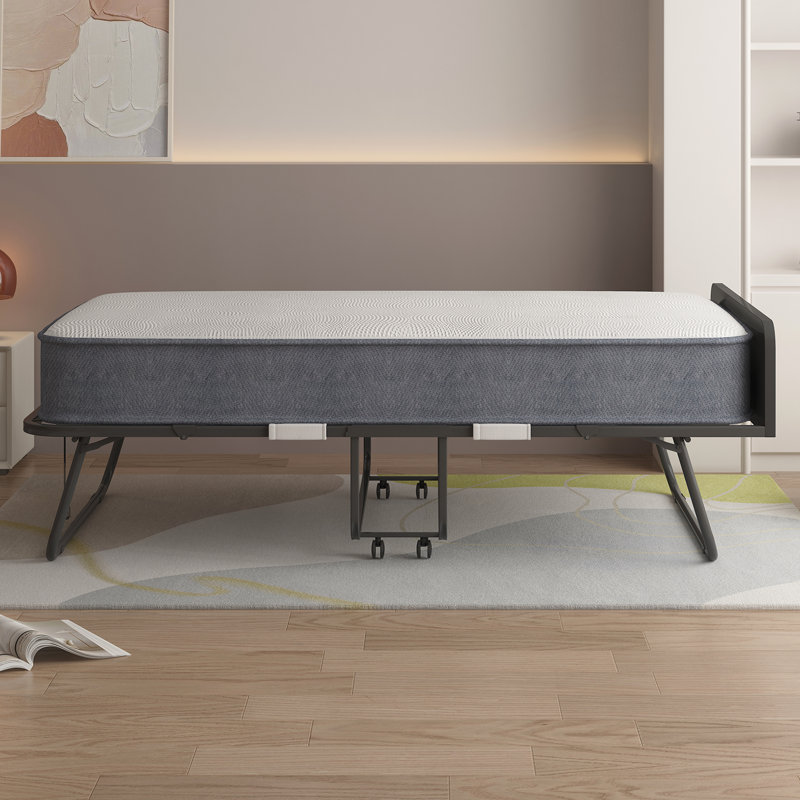 Alwyn Home Folding Bed with 4" Mattress - Rollaway Guest Bed for Adults, Compact Cot with Headboard & Sturdy Metal Frame, Space-Saving Portable Bed