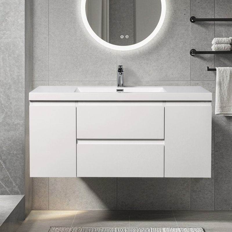 Meuble-lavabo flottant mural 48 po blanc brillant avec comptoir simple à surface solide, Blanc