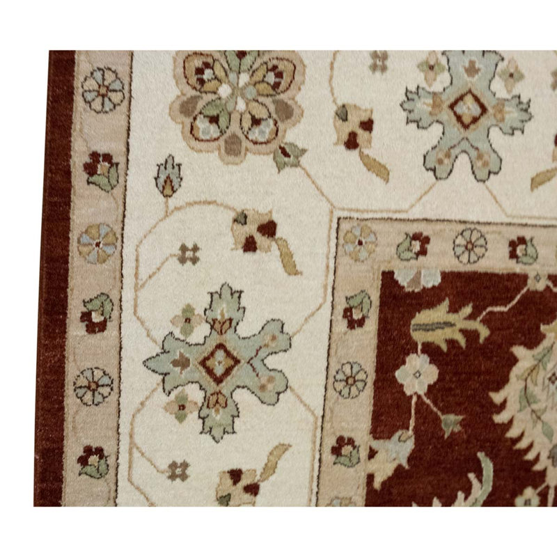 Tapis rouge / ivoire / brun en laine noué à la main de conception unique 9 pi x 12 pi 5 po