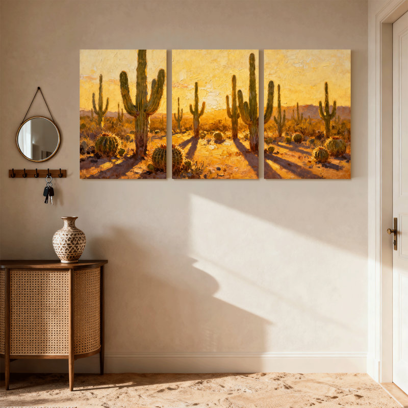 «Cactus Desert Landscape with Cactus and Sunset», ensemble de 3 impressions sur toile, H 24 po x l 48 po