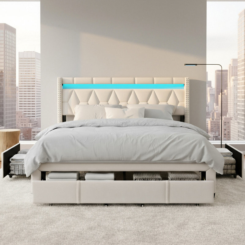 Upholstered Storage Bed, Beige, European Kingsize (160 x 200 cm)