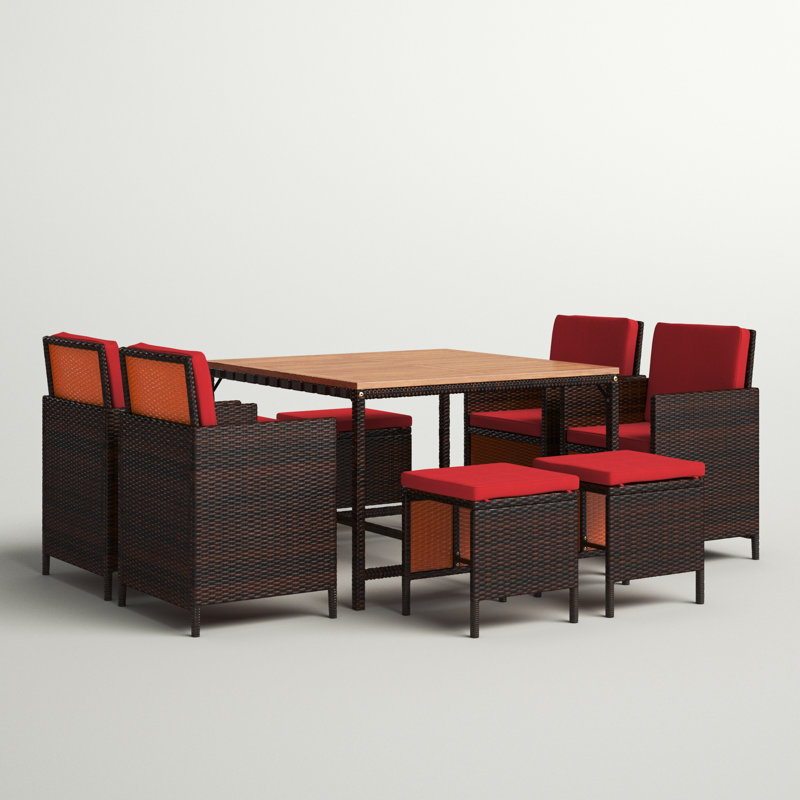Negril 8 - Person Acacia Wicker Patio Dining Set with Square Table , Cushions Included, Red