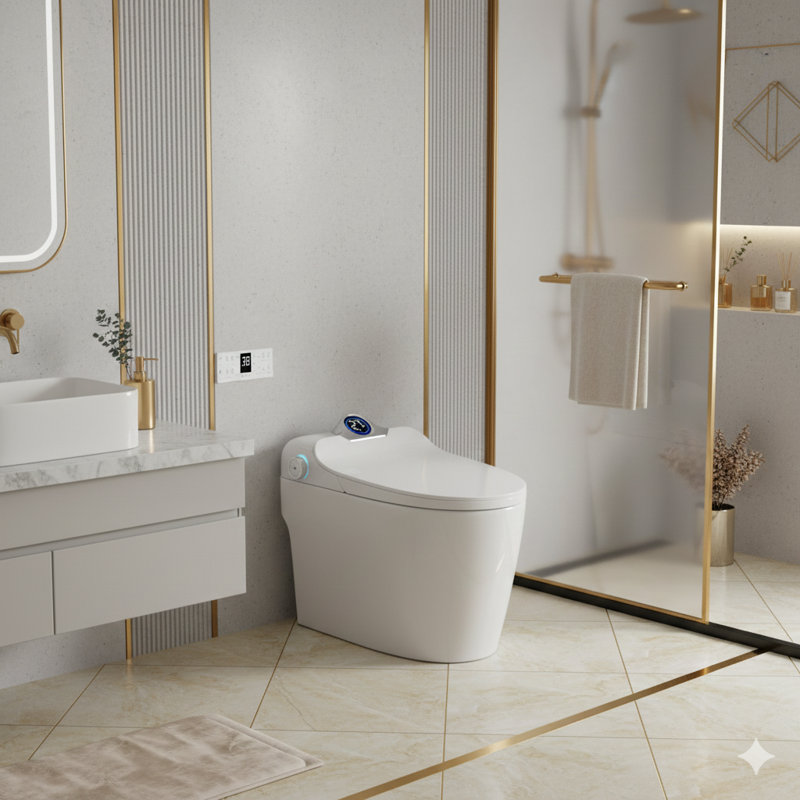 Smart toilet and bidet combination unit with foot-sensor activated lid/seat opening, self-cleaning nozzles, LED display, three-level adjustable seat heating and airflow temperature, nightlight, knob control, soft-close lid, automatic flushing