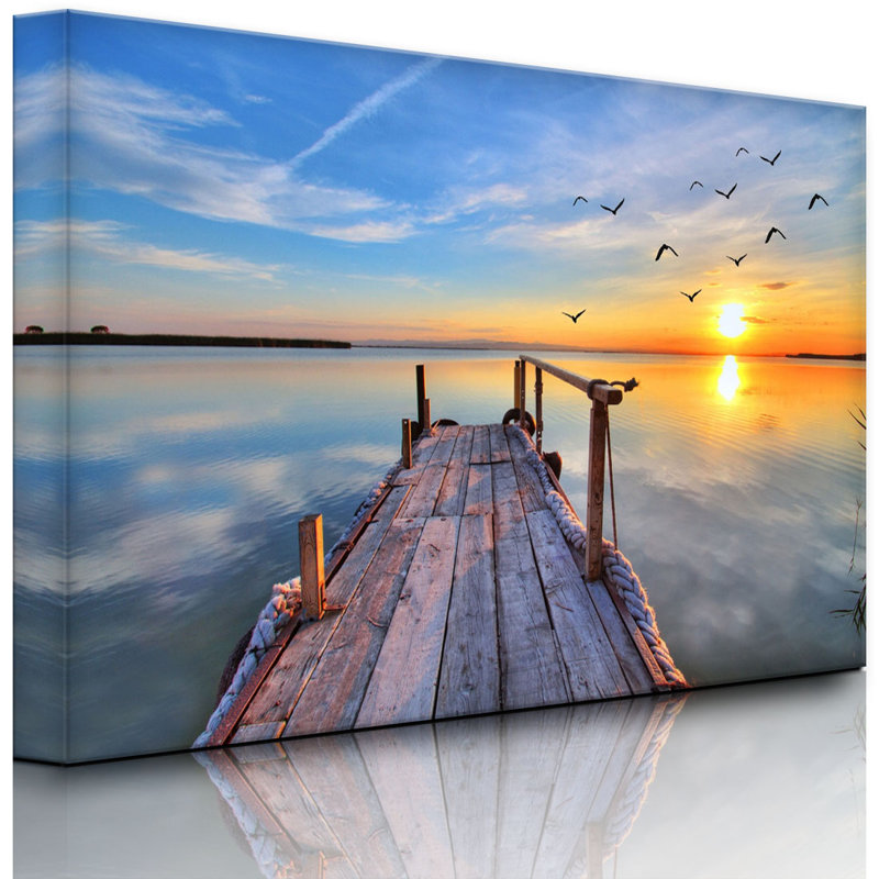 Bridge With Seagulls At Sunset by No - Wrapped Canvas Print, 70cm H x 100cm W x 4.5cm D, With lighting