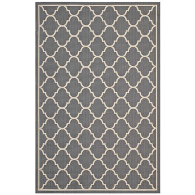 Tapis marocain intérieur et extérieur à treillis quadrilobe Avena - gris et beige