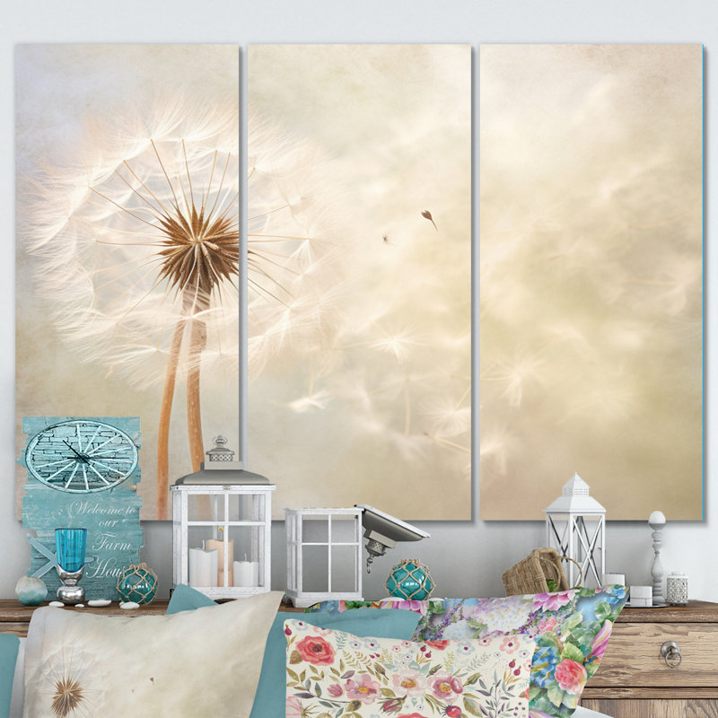 White Dandelion Romantic Impression IV - Ensemble de décorations murales florales en métal