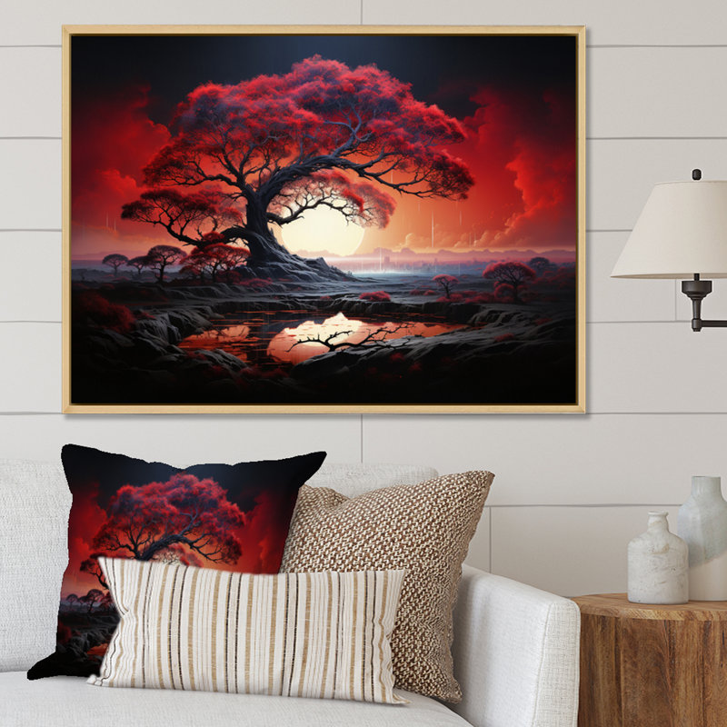 Red Tree Silhouette Symphony I, reproduction d'art sur toile, H 24 po x l 32 po x P 1 po, Naturel