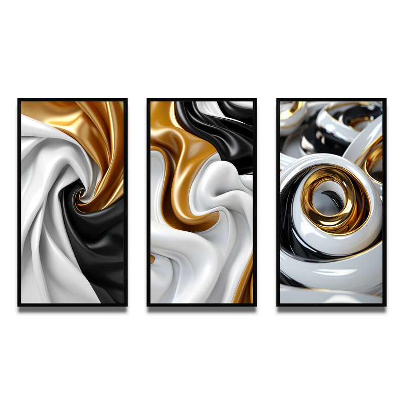 Liquide, spirale abstraite, or, noir et blanc - Ensemble de 3 formes d'art abstrait, H 20 po x l 36 po, Cadre flottant noir