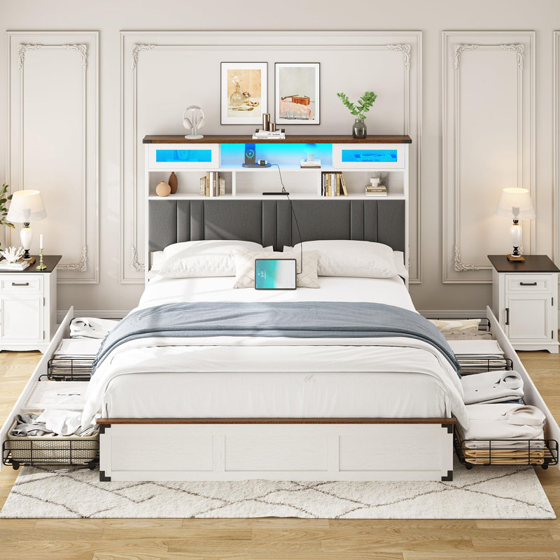 Upholstered Bed Frame With 4 Storage Drawers And LED Lights, Queen, White
