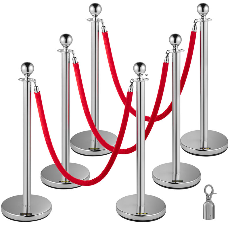 6PCS Red Rope Stanchion Silver Post