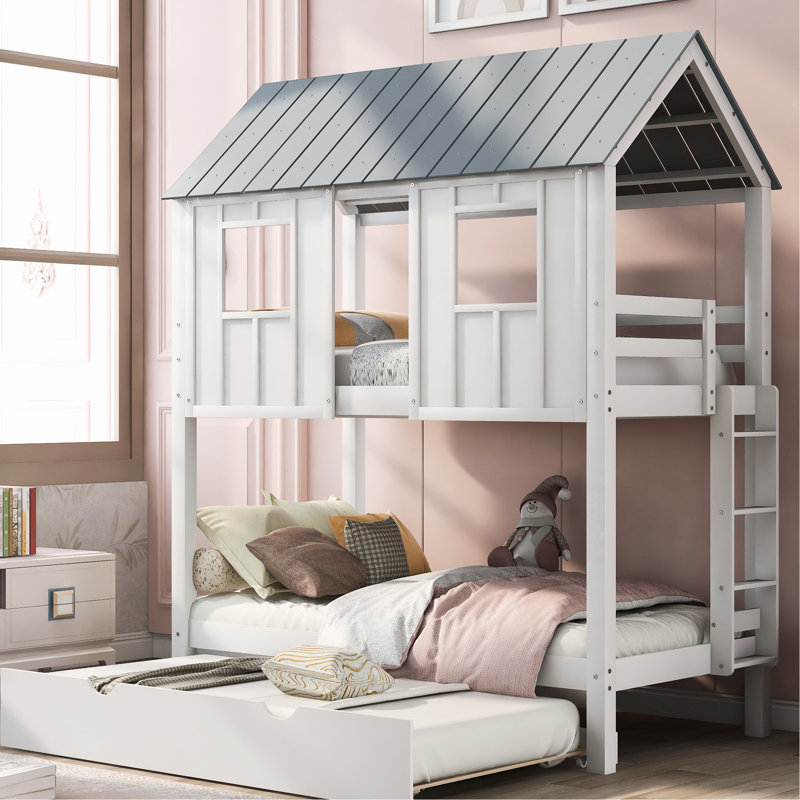 Twin Size House - Style Bunk Bed With Trundle, Roof And Windows, White + Grey, Easy Assembly For Bedroom Decor Home