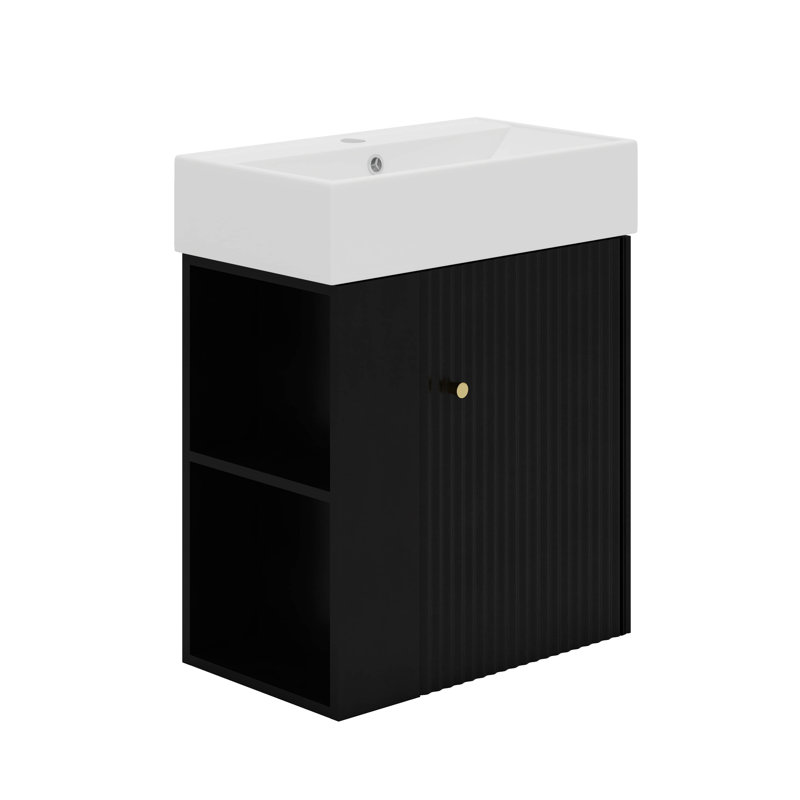 Meuble-lavabo flottant moderne 21,6 po avec lavabo en céramique, rangement à gauche, Noir