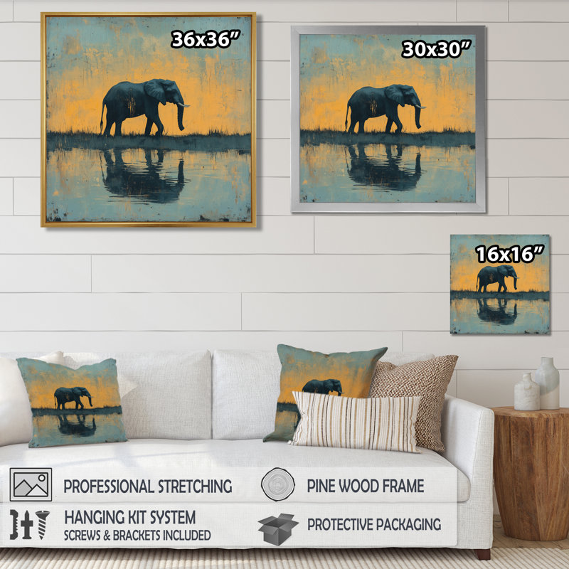 Éléphant au bord de l'eau II - éléphant, art mural, H 16 po x l 16 po, Reproduction encadrée d'une seule photo, Blanc