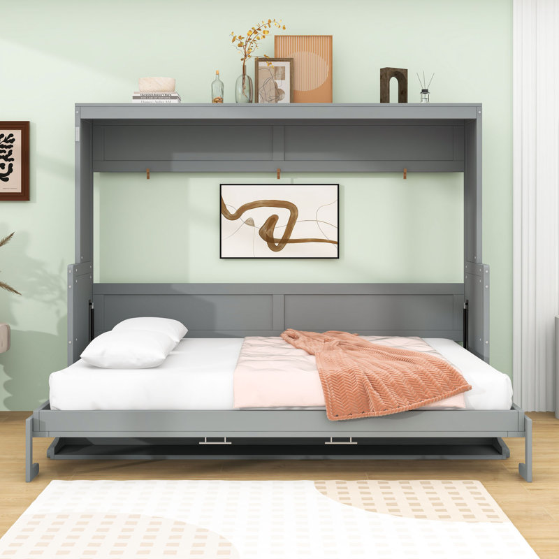 Wissem Wood Murphy Bed with Desk, Gray, Queen