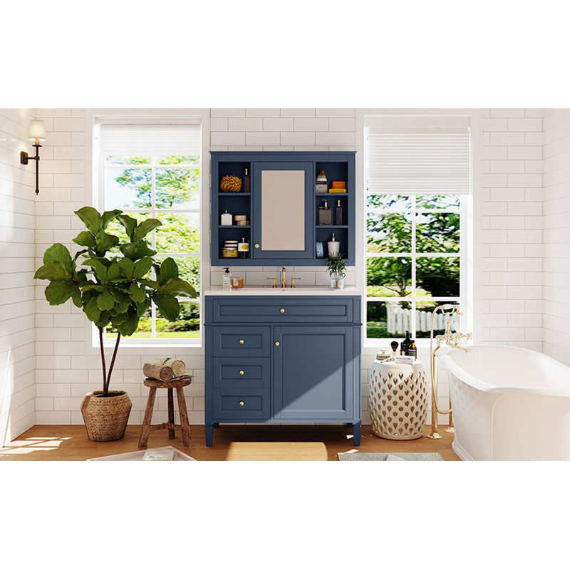 Meuble-lavabo 36 po avec armoire à pharmacie, armoire à miroir bleu royal, armoire de rangement moderne avec 2 portes à fermeture douce et 4 tiroirs, meuble-lavabo simple
