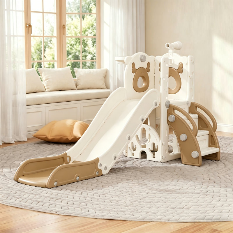 7 In 1 Kids Slide For Toddlers, Toddler Playset With Golf, Basketball Hoop, Climber And Storage Space, Brown