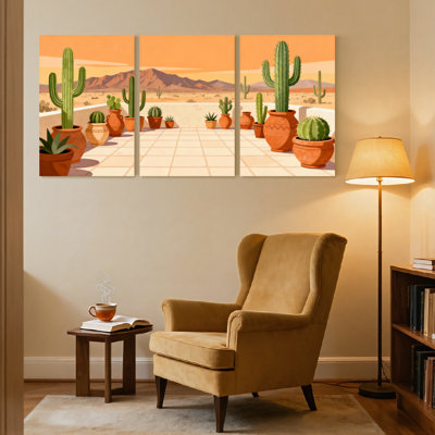 «Landscape & Nature Desert Cactus Garden Sunset Scene», ensemble de 3 impressions sur toile
