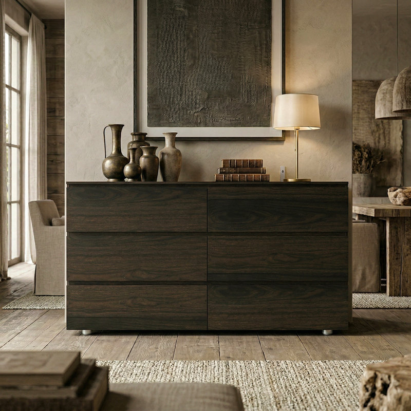 Commode 6 tiroirs avec rangement solide, Brun