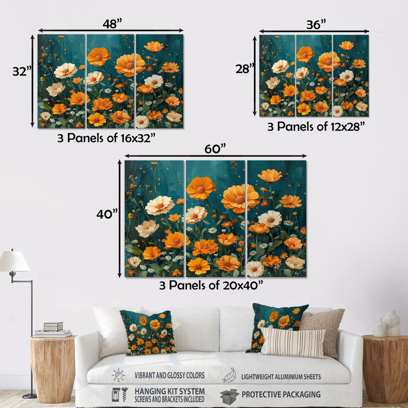 «Yellow Yellow Summer Meadow Marigolds I», ensemble de reproductions d'art mural, H 32 po x l 48 po x P 1 po