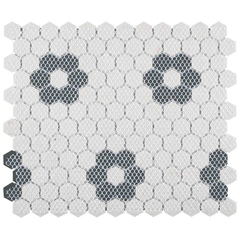 Gotham 1" Hex White with Black Flower 10-1/4" x 11-3/4" Porcelain Mosaic Tile