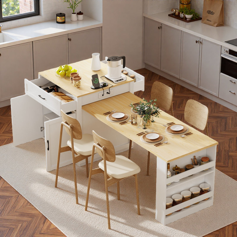 Kitchen Island With Extendable Dining Table, Power Outlet, 2 Drawers, 2 Side Open Shelves And Double-sized Storage Design