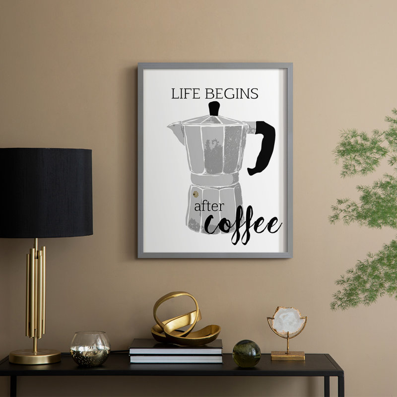 Begins After Coffee, reproduction encadrée - bois massif, H 11 po x l 9 po, Gris