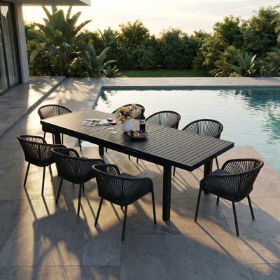 Ensemble de salle à manger extensible 7 pièces en aluminium avec chaises et coussins empilables en osier