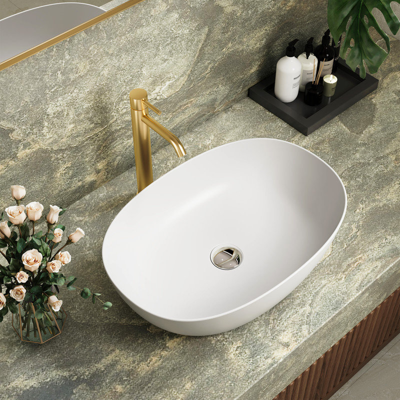 Casainc Oval Solid Surface Resin Bathroom Vessel Sink, Matte White