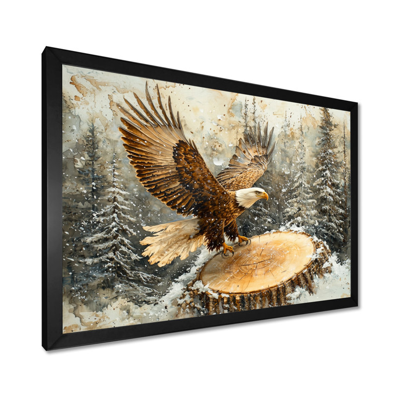 Aigle, vol du chasseur en hiver II - aigle, art mural, H 30 po x l 40 po, Cadre flottant, Noir