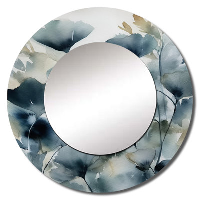 Rabhida Blue Leaf Foliage And Flowers II - Leaves Wall Mirror, Traditional Round Decorative Mirror, Printed Metal Art