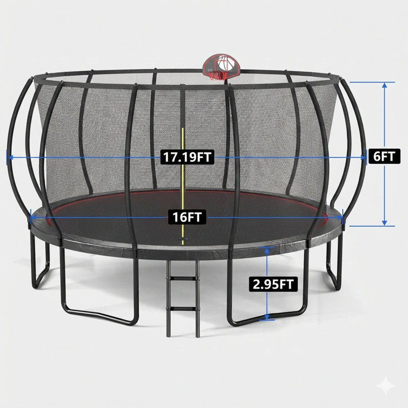 Trampoline de style citrouille de 16 pieds de couleur noire et rouge.