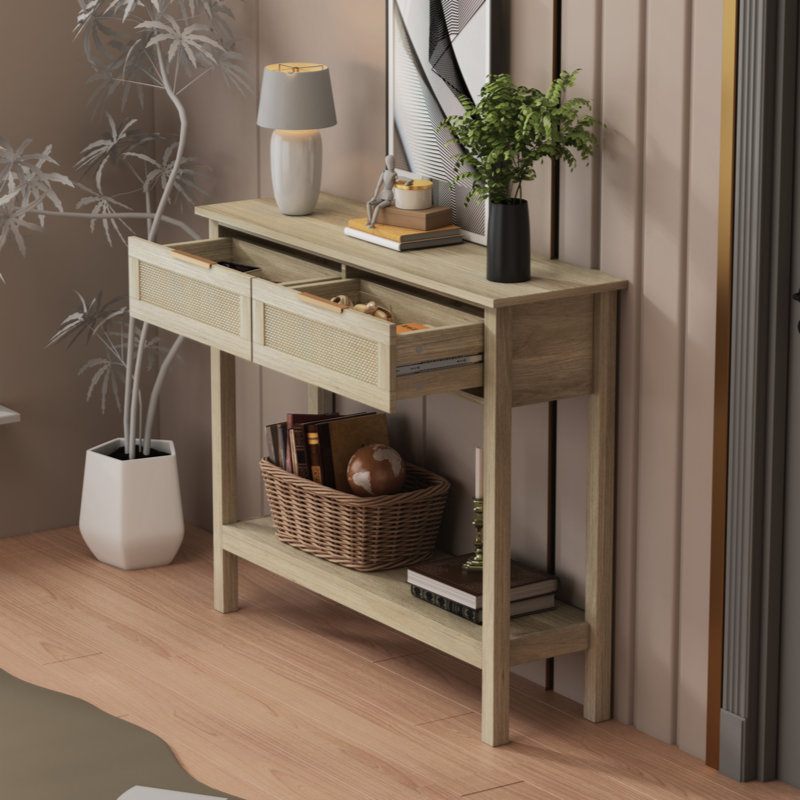 Boho Style Console Table with 2 Rattan Drawer and Bottom Storage Shelf
