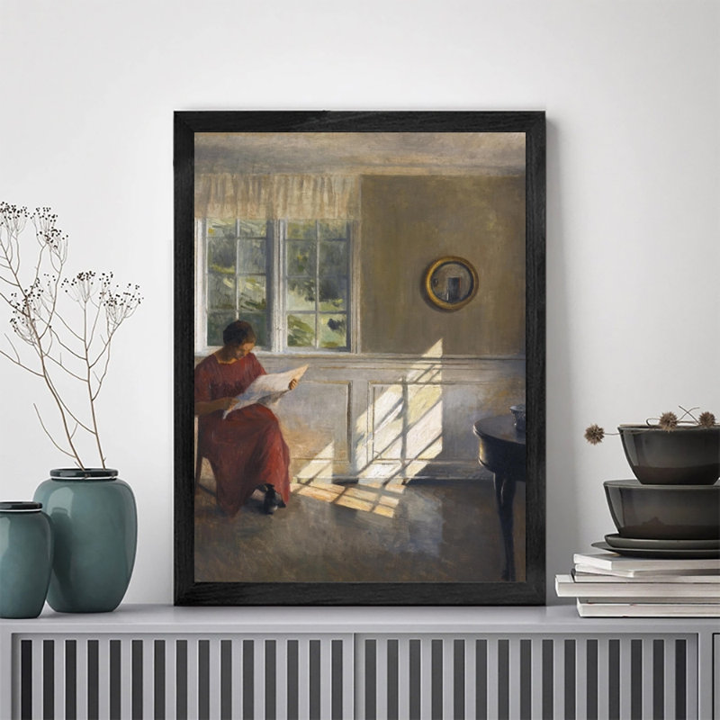 Art mural minimaliste encadré avec cadre en bois massif, femme, lecture, art mural, cadeau pour la maison et la décoration d'appartements