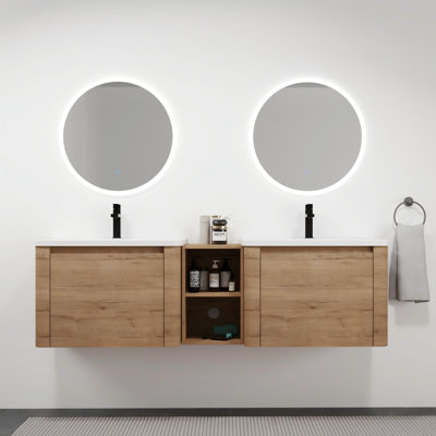 68'' Double Sink Wall-Mounted Vanity With Shelves & Ceramic Top