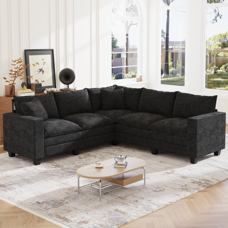 Canapé modulaire moderne avec rangement caché Elara, Chenille noir