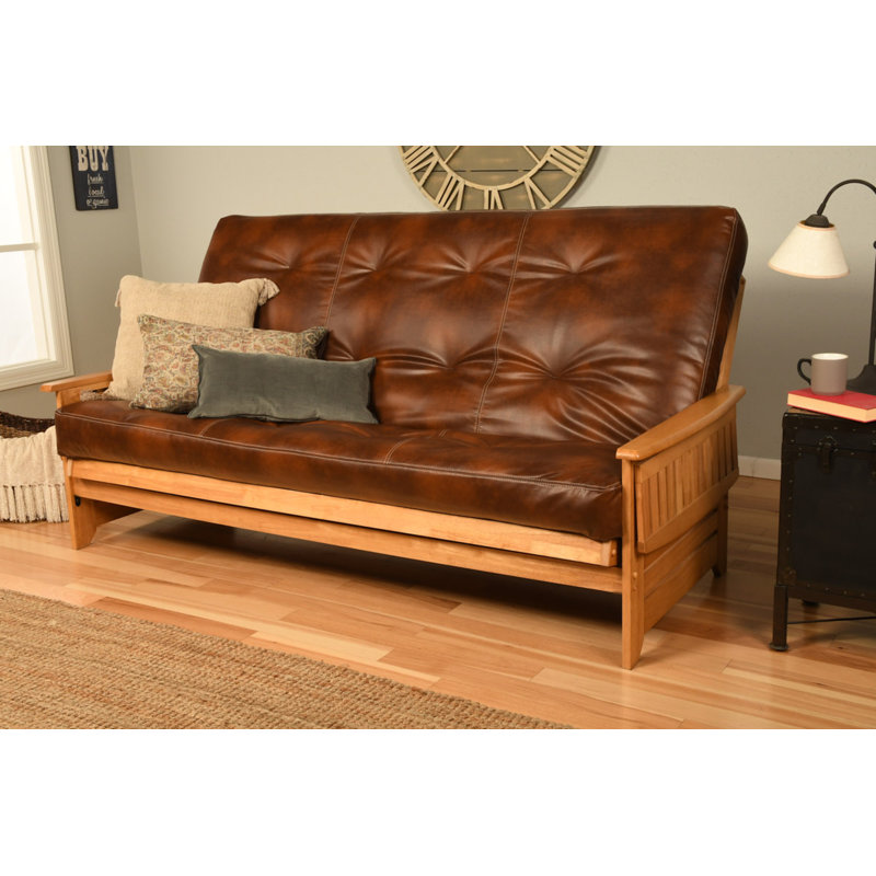 Futon et matelas Stratford, Similicuir caramel piste de l’Oregon, Noyer cendré