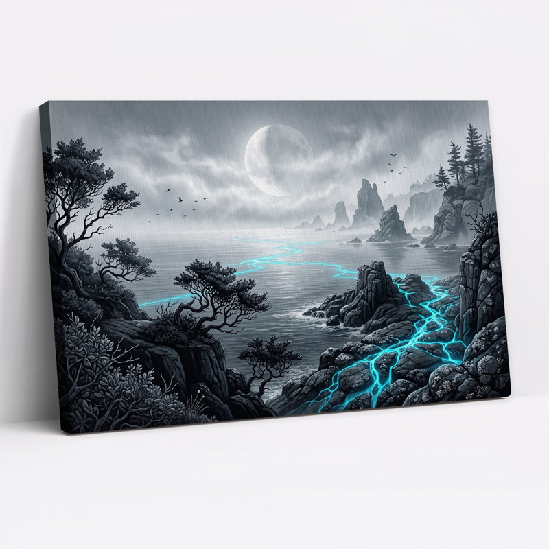 Rivière bleue lumineuse coulant le long d'une côte rocheuse, sous une toile murale, 12"H x 18"W