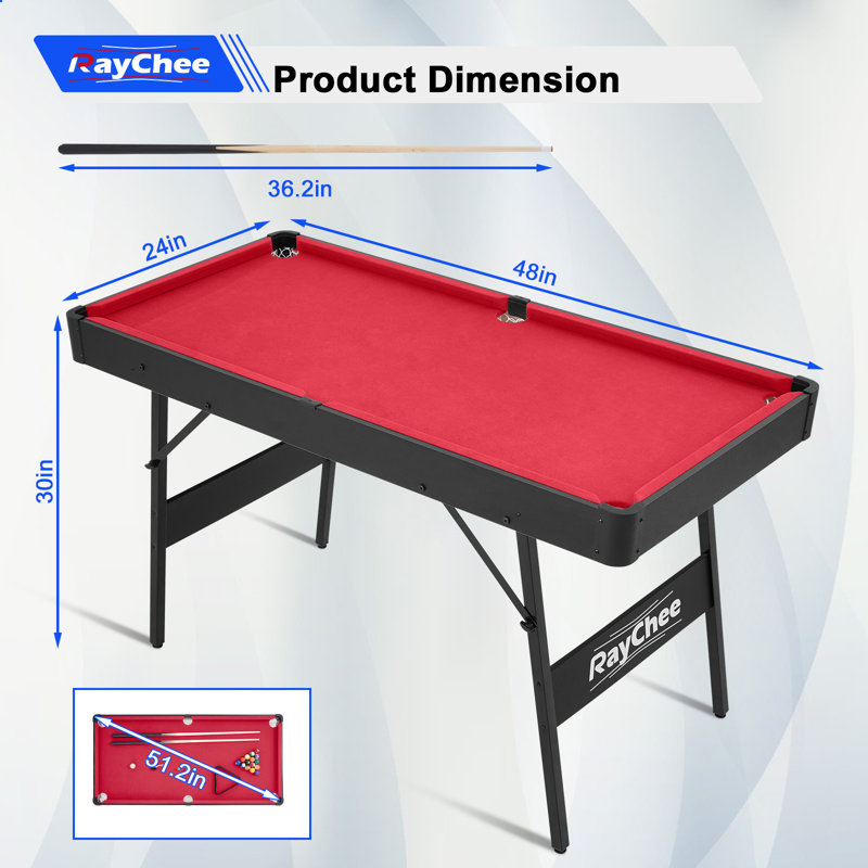 Pool Billiard Game Table W/2 Cue Sticks, 16 Balls, Triangle, Chalk Foldable Pool Table For Kids Family, Red