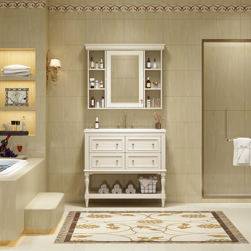 Meuble-lavabo de luxe 36 po avec armoire à pharmacie, structure en bois massif, 4 tiroirs, lavabo en céramique, tablette ajustable avec miroir, finition imperméable, lavabo moderne pré-percé beige
