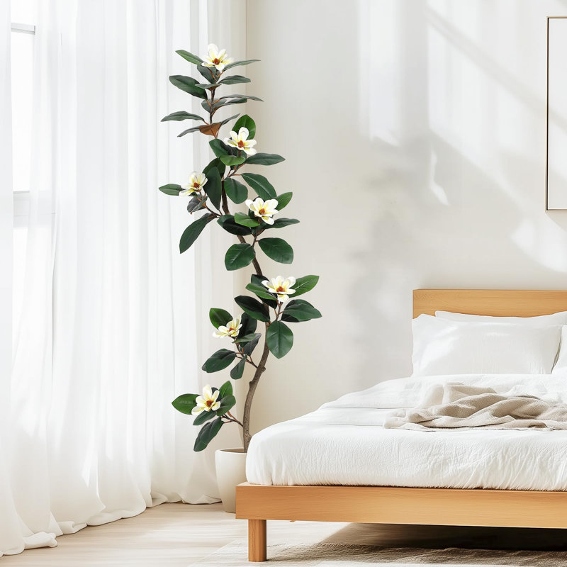 Artificial Rubber Tree with Realistic Magnolia Flowers - White Planter Included - Low-Maintenance Faux Plant for Indoor/Outdoor Home Office Decor - Gift Idea