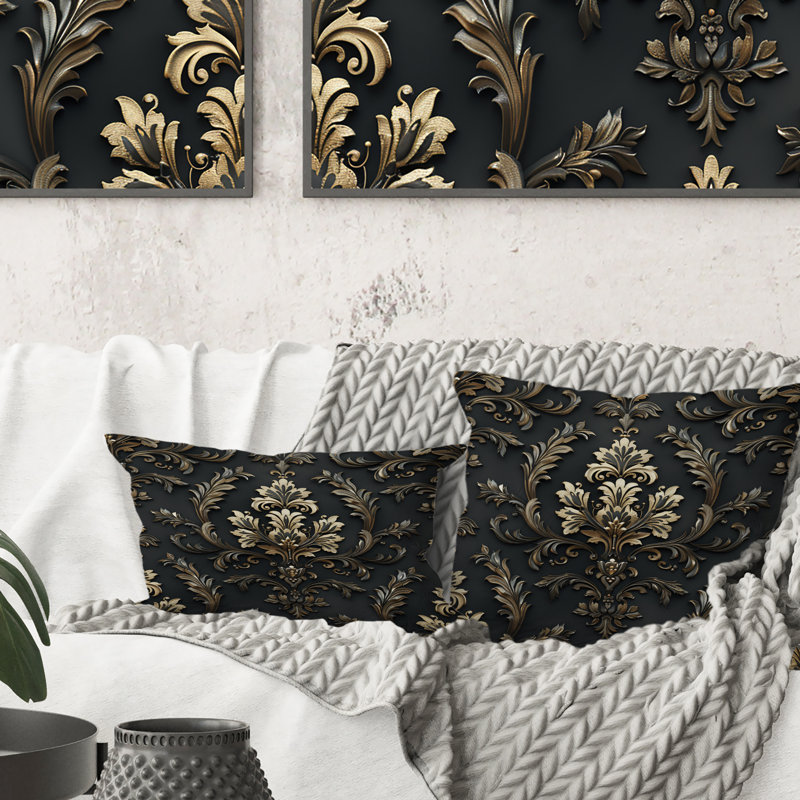 Coussin décoratif damassé noir et doré Glamour I, H 16 po x l 16 po, Carrée