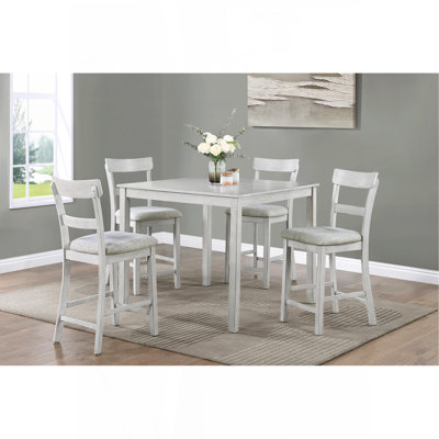 Rustic Farmhouse Transitional 5-Piece Counter Height Dining Set Square Table Linen Look Fabric Upholstered Chair Seat Wooden Dining Room Furniture White/Gray Drift Wood Finish