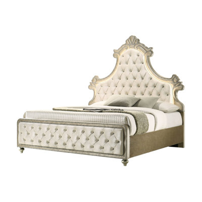 Lit en velours beige avec éclairage à DEL et design luxueux