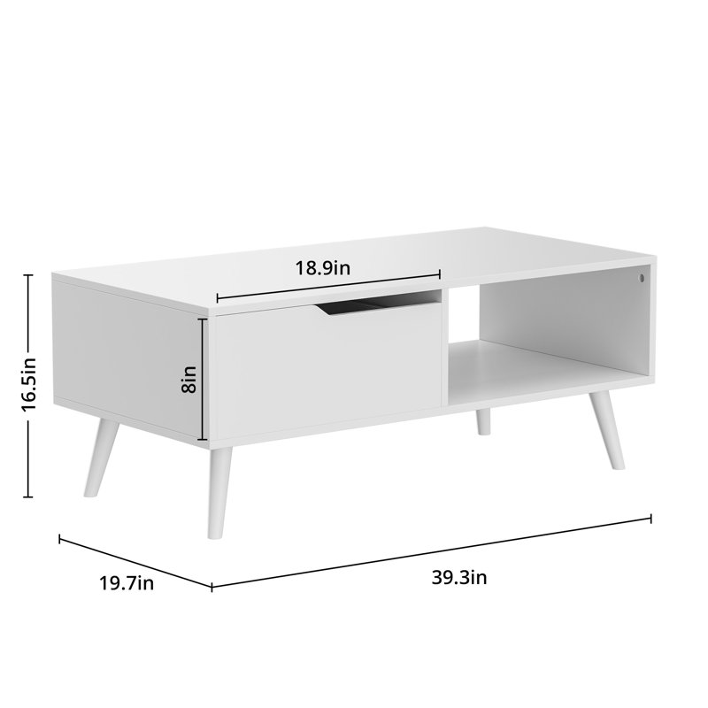 White Mid Century Modern Coffee Table with Drawer & Shelf, 39'' Wooden