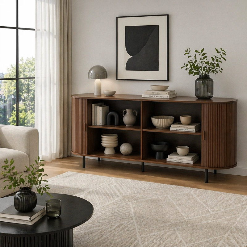 Buffet 67 po avec portes coulissantes, armoire de rangement moderne avec tablettes réglables, console en bois pour la salle à manger, la cuisine et le salon