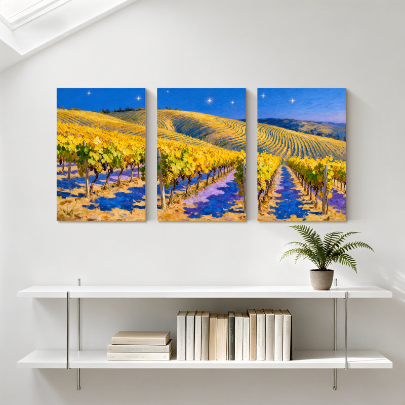 Ensemble de 3 reproductions abstraites de vignobles sous un ciel étoilé, impressions sur toile, H 36 po x l 72 po